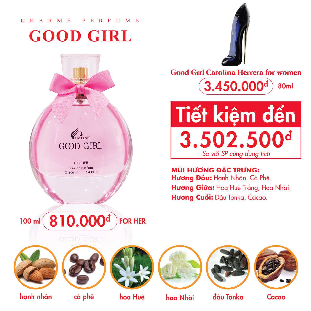 Thành phần tạo nên chai nước hoa Good Girl đầy cá tính, gợi cảm, quyến rũ, nổi bật và lôi cuốn.